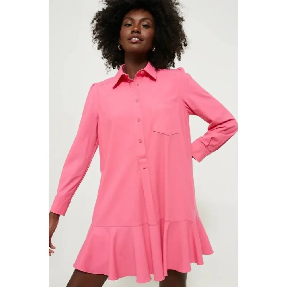 NWT Tuckernuck Hot Pink Crepe Callahan Shirt Dress Size L Lightweight Crepe - Picture 1 of 7